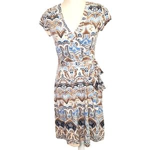 AXCESS | Women's tan and blue short-sleeve surplice dress. Size small.